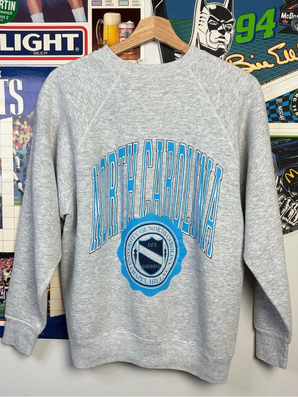 North Carolina Grey Crewneck Sweatshirt with Light Blue Logo 80’s VINTAGE
